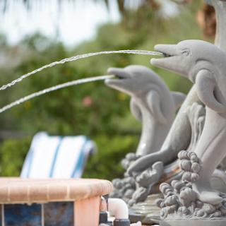 A decorative dolphin fountain spouting water, enhancing the serenity of a poolside setting.