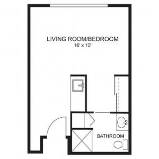 Studio apartment floor plan with living room/bedroom and bathroom.