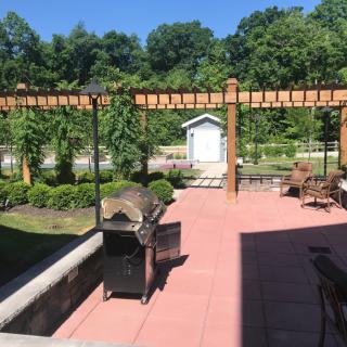 A sunny patio area with a pergola, garden, and outdoor grill.