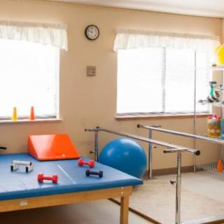 A rehabilitation therapy room equipped with an exercise table, dumbbells, an exercise ball, and parallel bars.