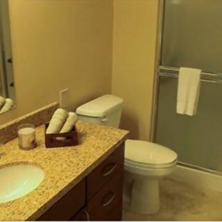 A clean and well-organized bathroom with a sink, toilet, and shower.
