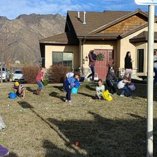 Children enjoying an Easter egg hunt in a sunny outdoor setting.