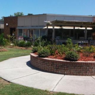A well-maintained garden with a pathway leading to a building.