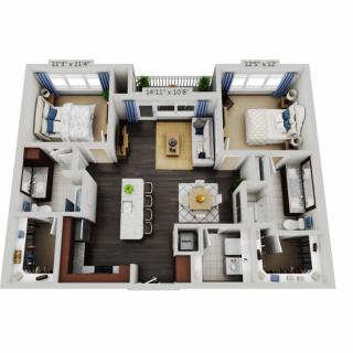 3D floor plan of a two-bedroom apartment with kitchen and living room.