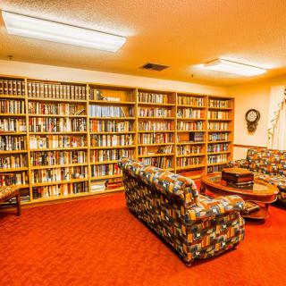 A cozy library room with bookshelves and a patterned sofa.