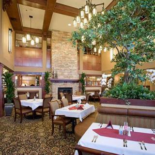 An elegant restaurant interior featuring a cozy dining area with a central fireplace and decorative chandeliers.