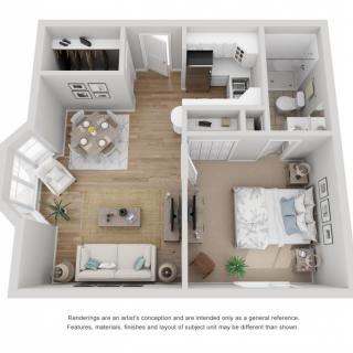 A modern 1-bedroom apartment floor plan featuring a spacious layout with a cozy living room, dining area, kitchen, and bathroom.