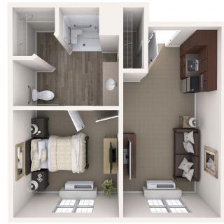 A compact apartment floor plan featuring a bedroom, living room, bathroom, and kitchen.
