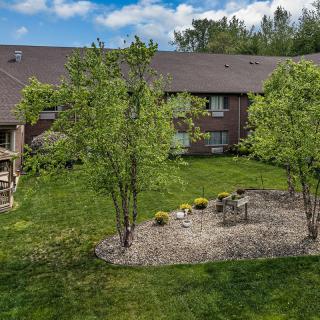 A view of a residential backyard with a lawn, trees, and landscaping on a sunny day.