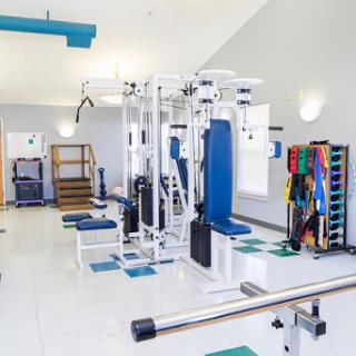 A well-equipped gym area featuring various strength training machines and rehabilitation tools.