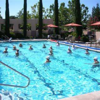A group of people participating in a water aerobics class in an outdoor swimming pool.