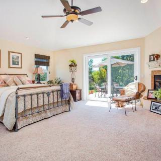 A spacious bedroom with a metal frame bed, ceiling fan, and large patio doors opening to a garden.