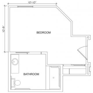 A floor plan featuring a bedroom and an attached bathroom.