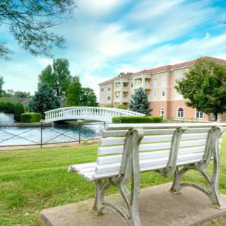 A peaceful park scene with a white bench overlooking a pond and a bridge.