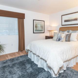 A cozy bedroom with a neatly made bed, artwork on the walls, and a plush carpet.