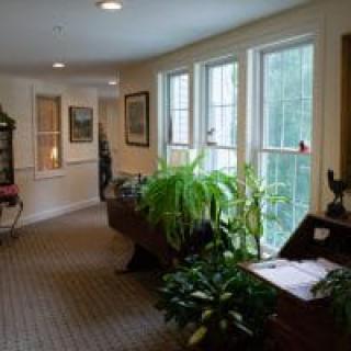 A well-lit hallway with plants and large windows on one side.