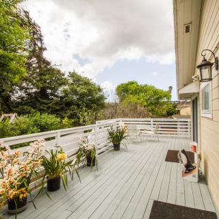 A spacious outdoor deck with potted plants, surrounded by lush greenery and a clear sky.