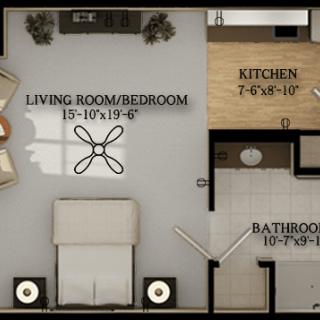 A floor plan of a studio apartment featuring a combined living room and bedroom, kitchen, and bathroom.