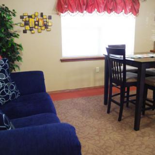 A cozy living room featuring a blue sofa, dining table with chairs, an indoor plant, and a sunlit window with red curtains.