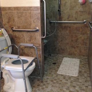 An accessible bathroom with safety features such as grab bars and a shower area designed for elderly or disabled individuals.