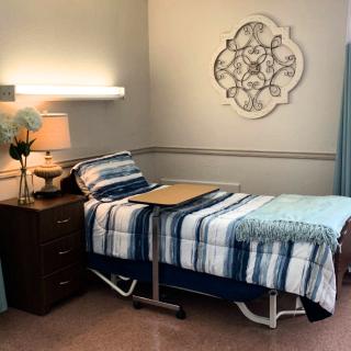 A neatly arranged hospital room with a medical bed and decorative elements.