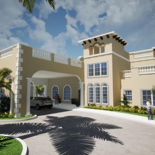 A luxurious house with a grand entrance and palm trees lining the driveway.