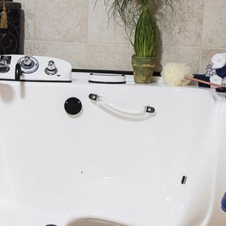 A luxurious bathtub setup with spa features and a potted plant for a relaxing atmosphere.