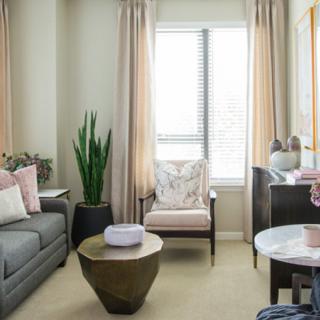 A stylish modern living room with a sofa, armchair, coffee table, and indoor plant.