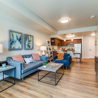 A modern apartment living room with an open floor plan, featuring a comfortable sofa, colorful cushions, and a view of the kitchen.