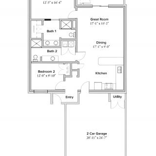 This is a floor plan depicting the layout of a house with two bedrooms, two bathrooms, a kitchen, dining area, great room, and a two-car garage.