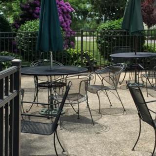 A serene outdoor patio with metal tables and chairs, shaded by umbrellas and surrounded by lush greenery.