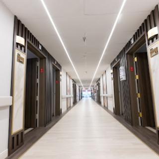 A modern hotel corridor featuring elevators and sleek lighting.