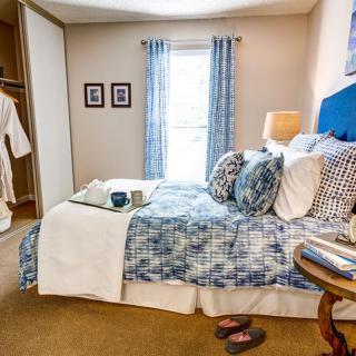 A cozy bedroom with a blue and white decor, featuring a neatly made bed, a side table with a lamp, and an open closet.