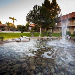 A serene outdoor landscape featuring a fountain and pond surrounded by trees and buildings.