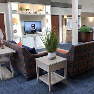 A modern living room with comfortable seating, a television, and stylish decor.