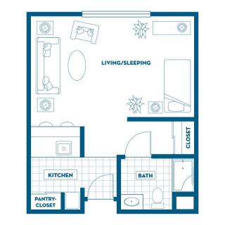 Studio apartment floor plan with a living/sleeping area, kitchen, bathroom, and closet.