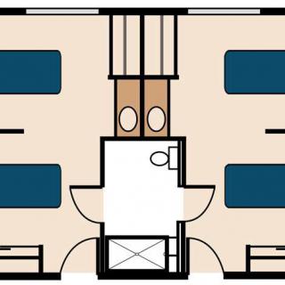 A floor plan showing two separate sleeping areas with bunk beds, divided by a central bathroom.