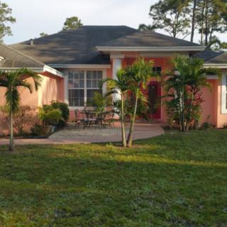 A suburban house with a garden and palm trees.