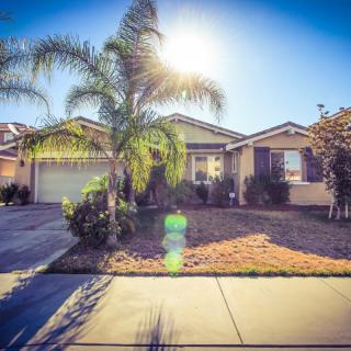 A sunny day in a suburban neighborhood featuring a single-story house with a driveway and palm trees.