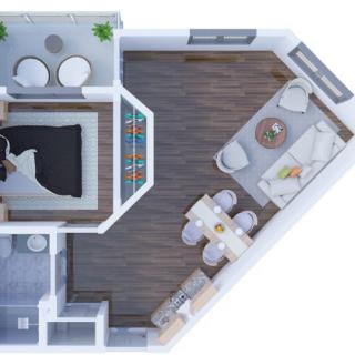 A modern apartment floor plan showcasing a bedroom, living room, and dining area.