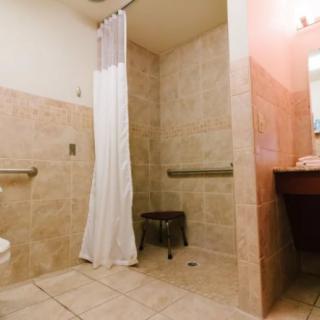 A spacious and accessible bathroom featuring a walk-in shower with grab bars, a tiled floor, and a curtain.