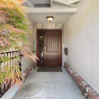 A residential entrance with a wooden front door and surrounding plants.