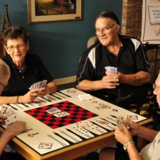 A group of people playing cards and enjoying a board game together indoors.