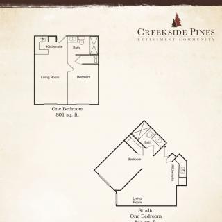 Floor plans for Creekside Pines featuring a one-bedroom and a studio apartment layout.