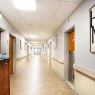 A clean, well-lit hospital corridor lined with doors on either side.