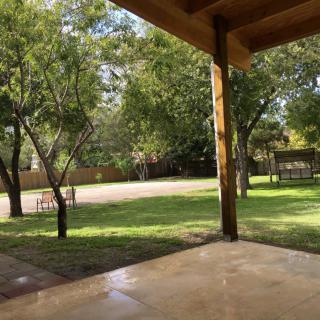A view from a patio overlooking a lush yard with trees and sunlight.