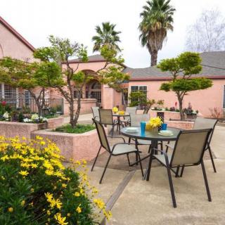 A sunny patio with outdoor furniture surrounded by lush gardens and palm trees.