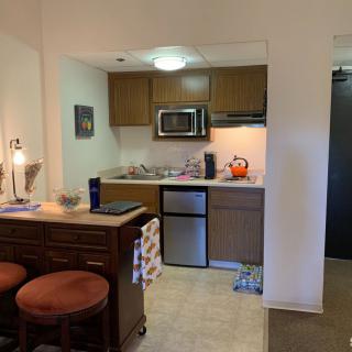 Compact apartment kitchen with wooden cabinets, microwave, and bar seating.