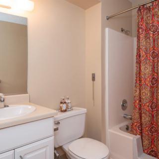 A simple bathroom with a sink, toilet, and shower with a patterned curtain.