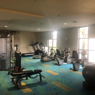 A well-equipped gym with various fitness machines and weights.